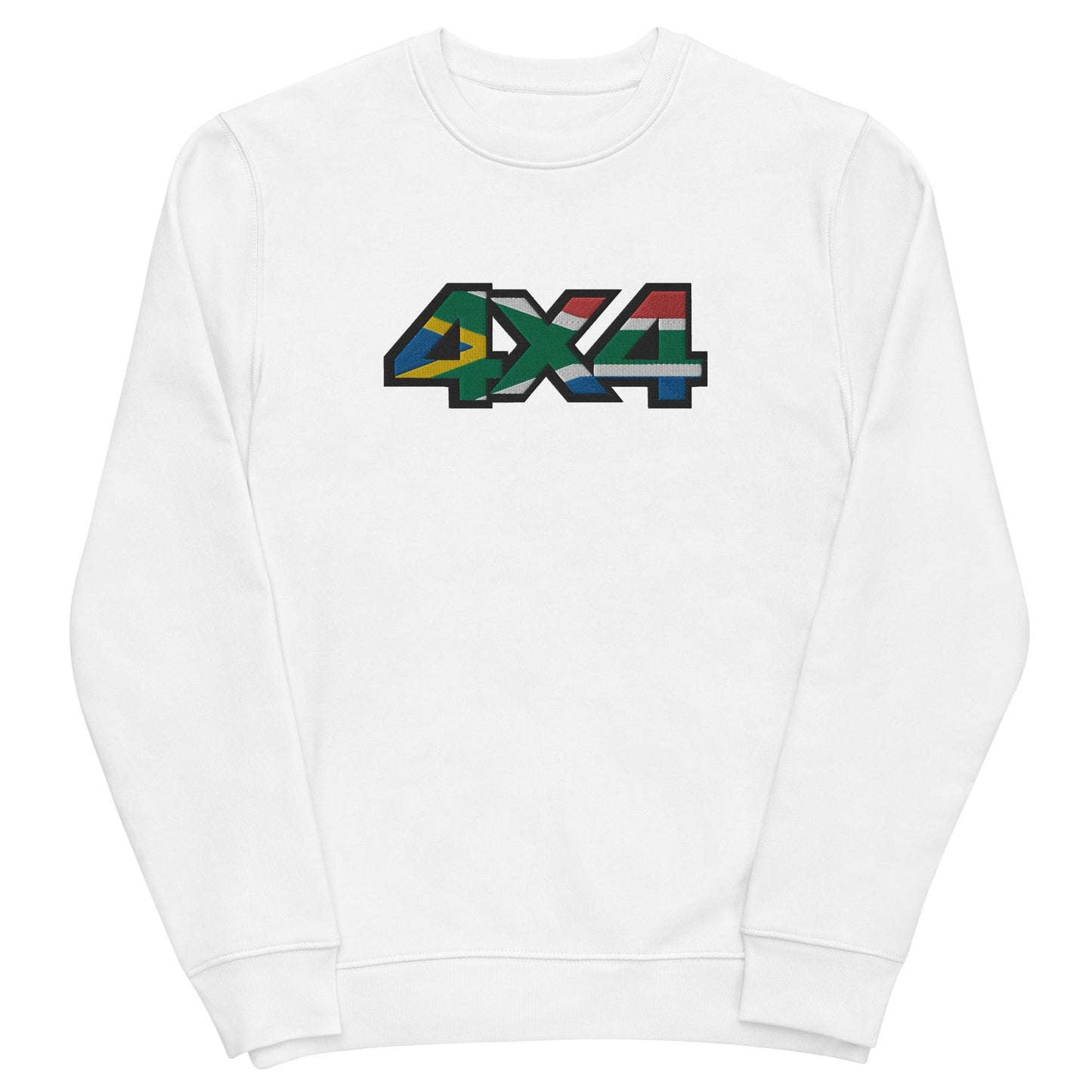 Front view of a South Africa Flag 4x4 Embroidered Eco Sweatshirt in white