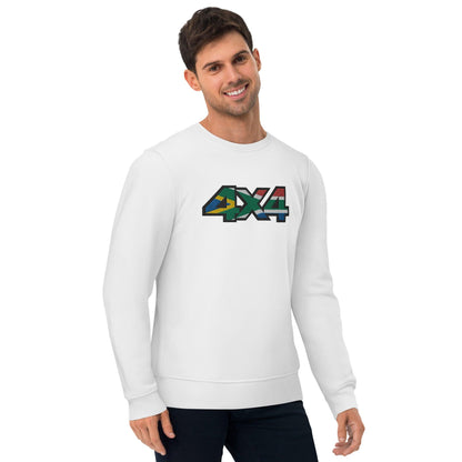 Man wearing a white eco sweatshirt with embroidery