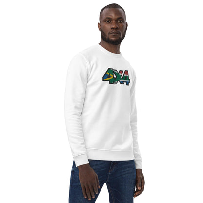 Man wearing a white eco sweatshirt with 4x4 South Africa embroidery