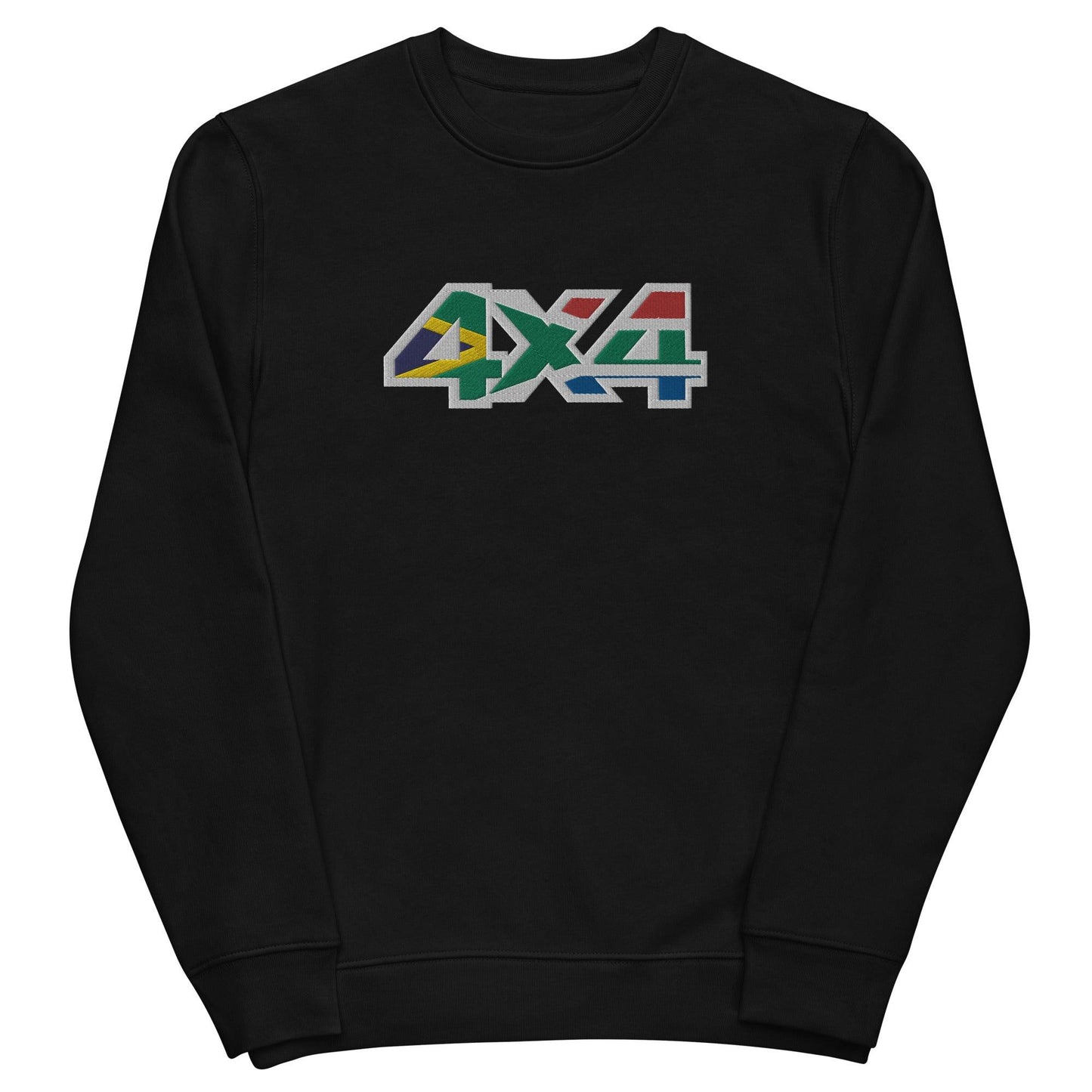 Front view of a South Africa Flag 4x4 Embroidered Eco Sweatshirt in black