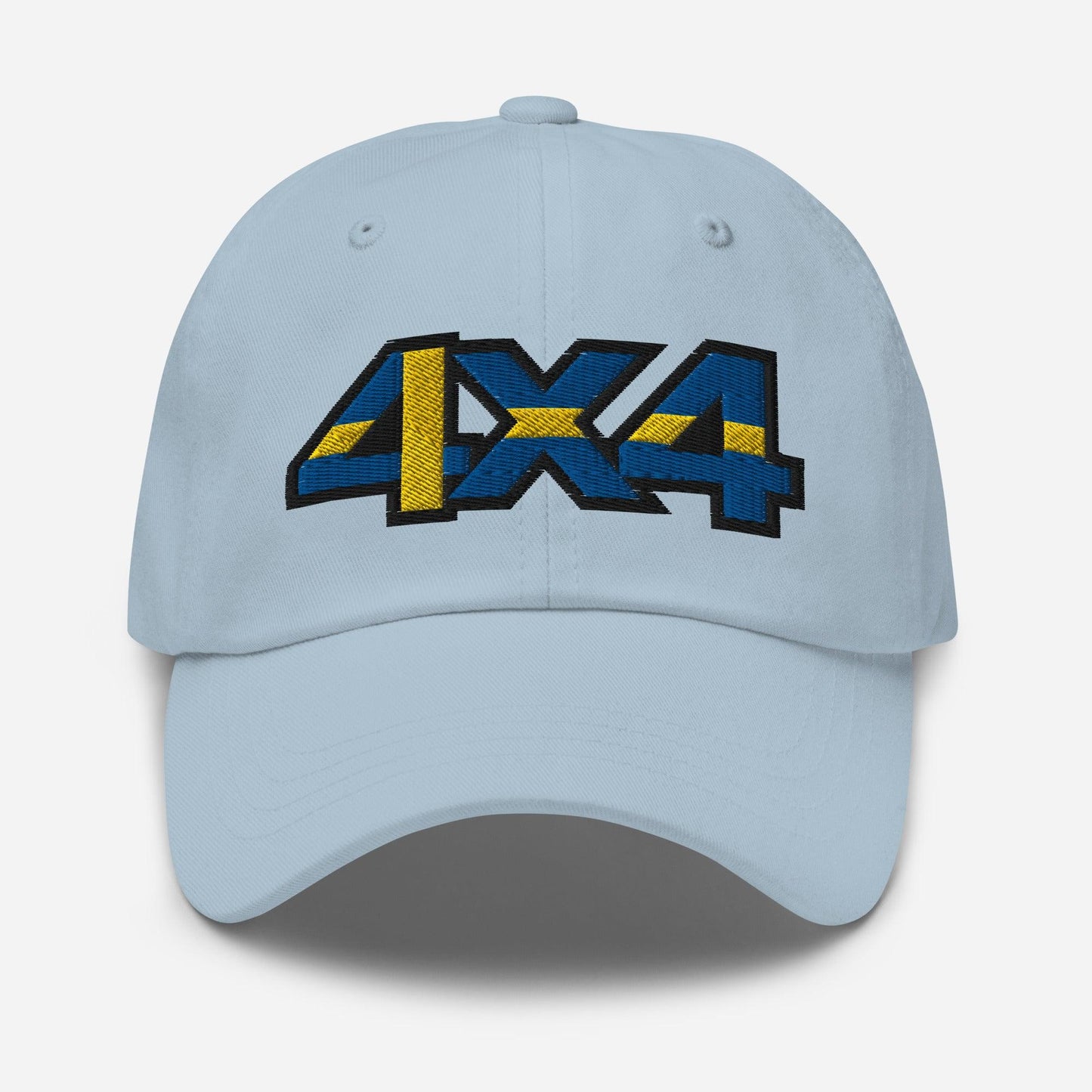 Front view of a light blue baseball cap/dad hat with a 4x4 Sweden embroidery