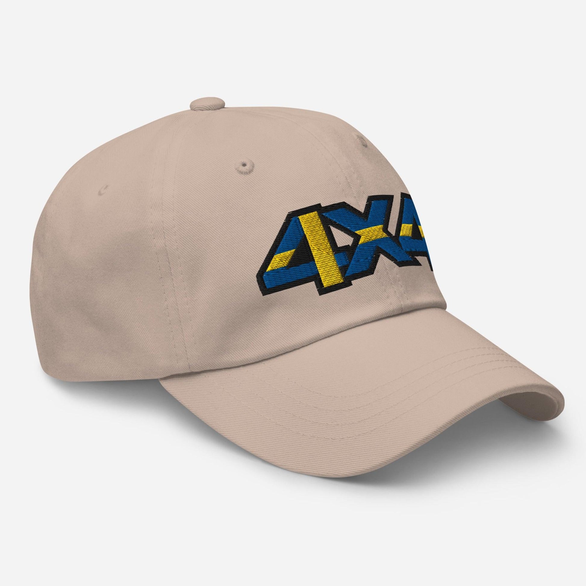 Side view of a stone ball cap/hat with embroidery on the front