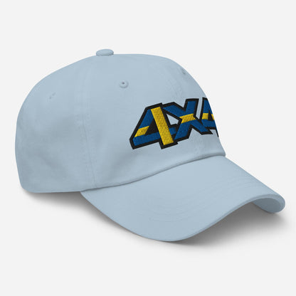 Side view of a light blue ball cap/hat with embroidery on the front