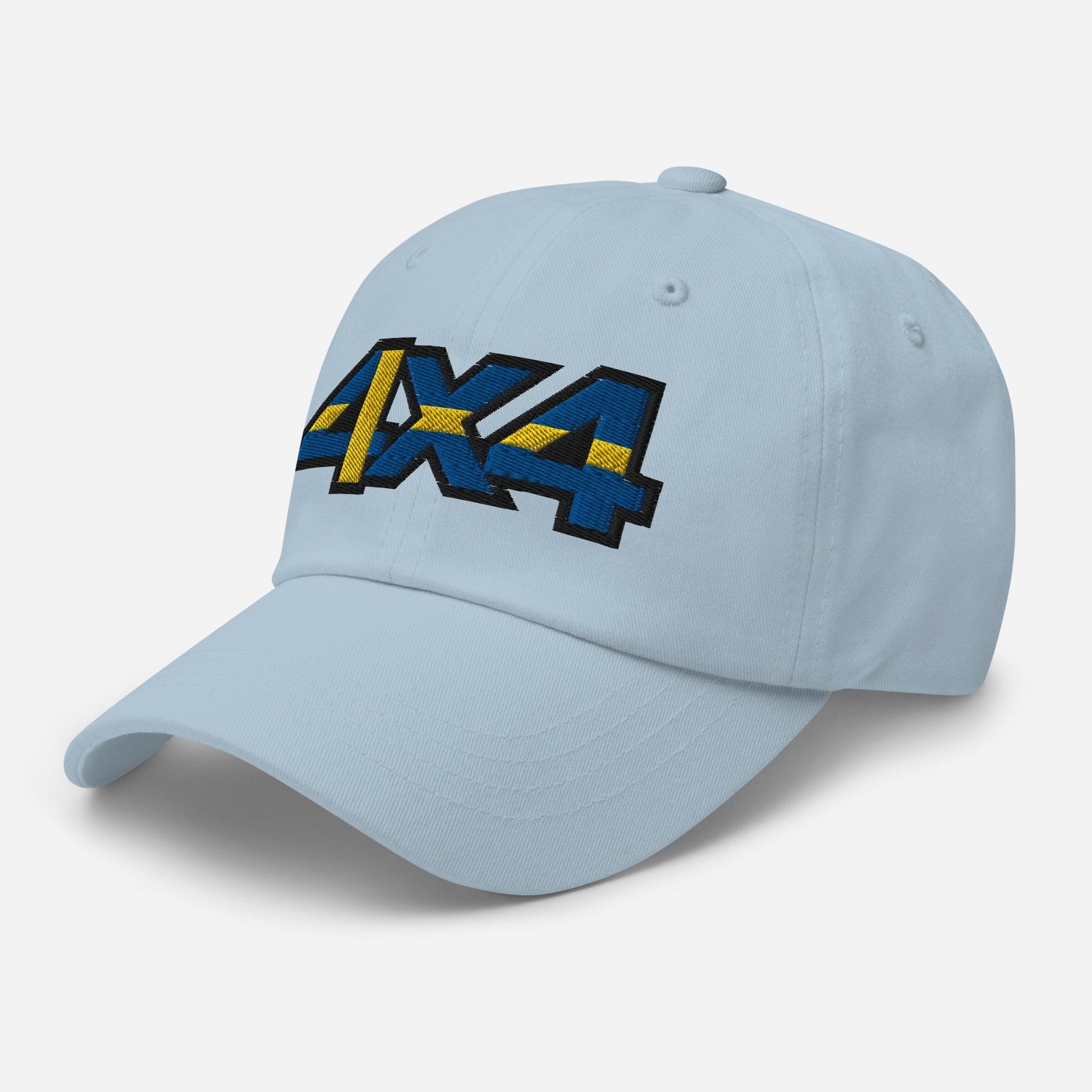 Side view of a light blue ball cap/hat with embroidery on the front