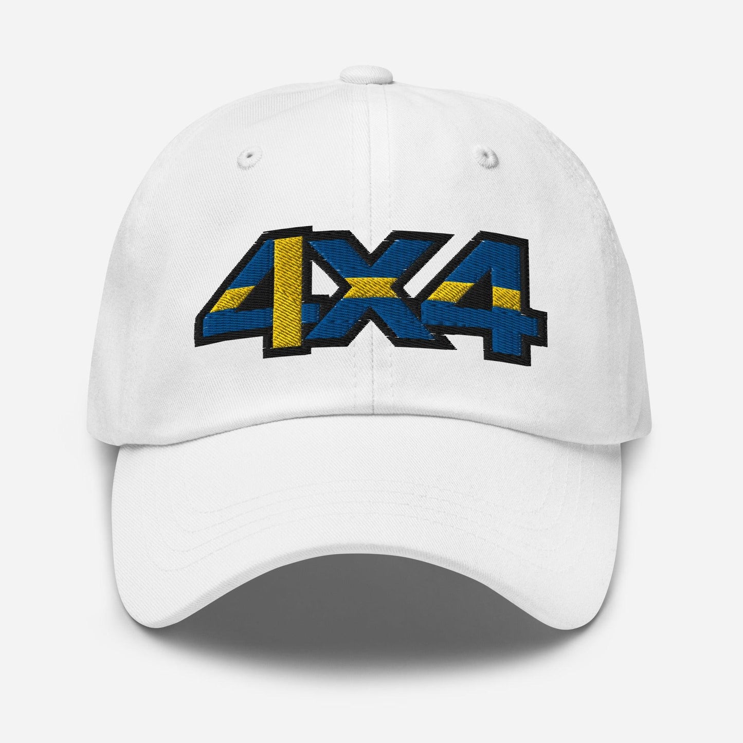 Front view of a white baseball cap/dad hat with a 4x4 Sweden embroidery