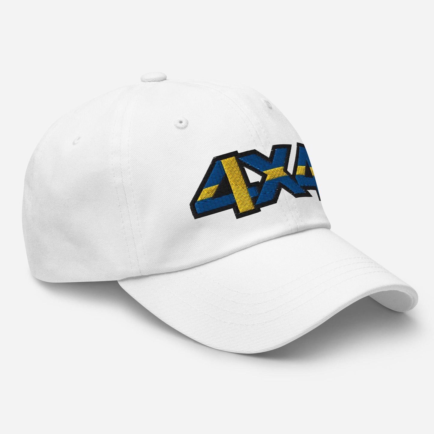 Side view of a white ball cap/hat with embroidery on the front