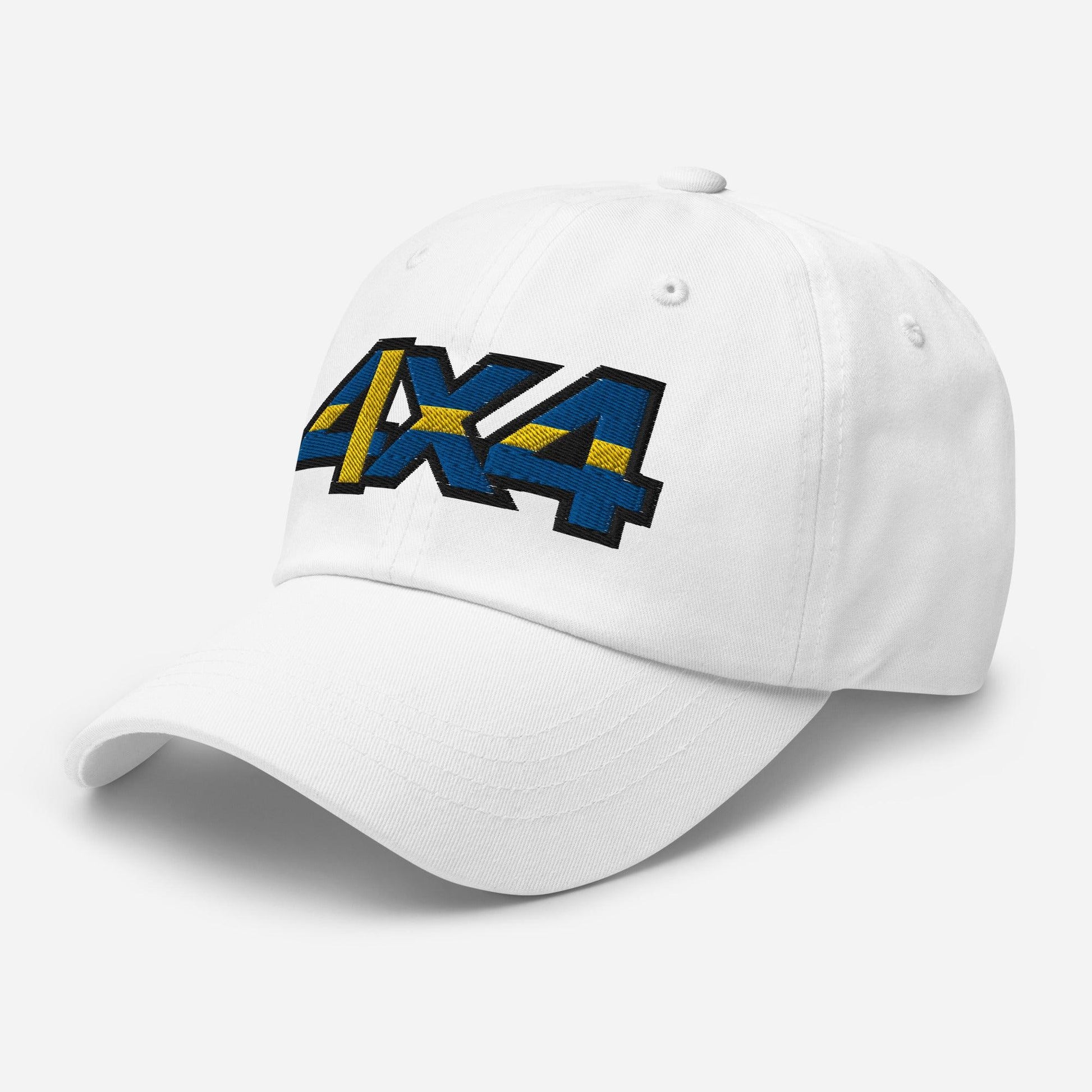 Side view of a white ball cap/hat with embroidery on the front