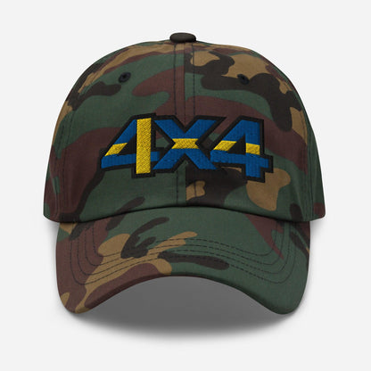 Front view of a camo baseball cap/dad hat with a 4x4 Sweden embroidery