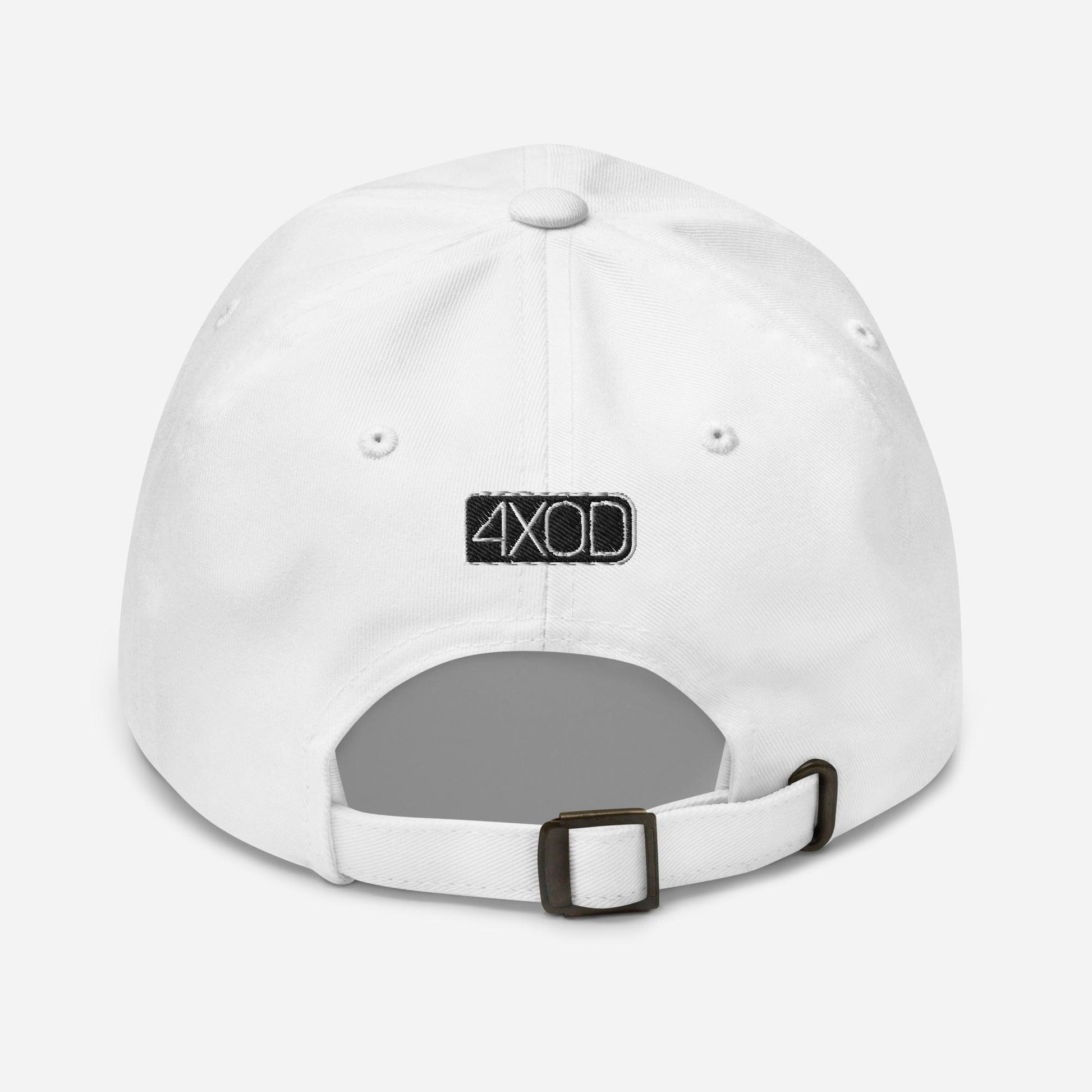 Rear view of a white ball cap/hat with embroidery on the back