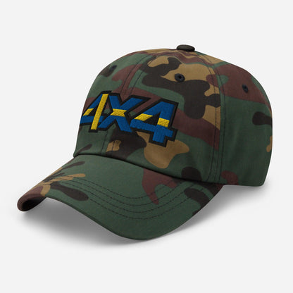 Side view of a camo ball cap/hat with embroidery on the front