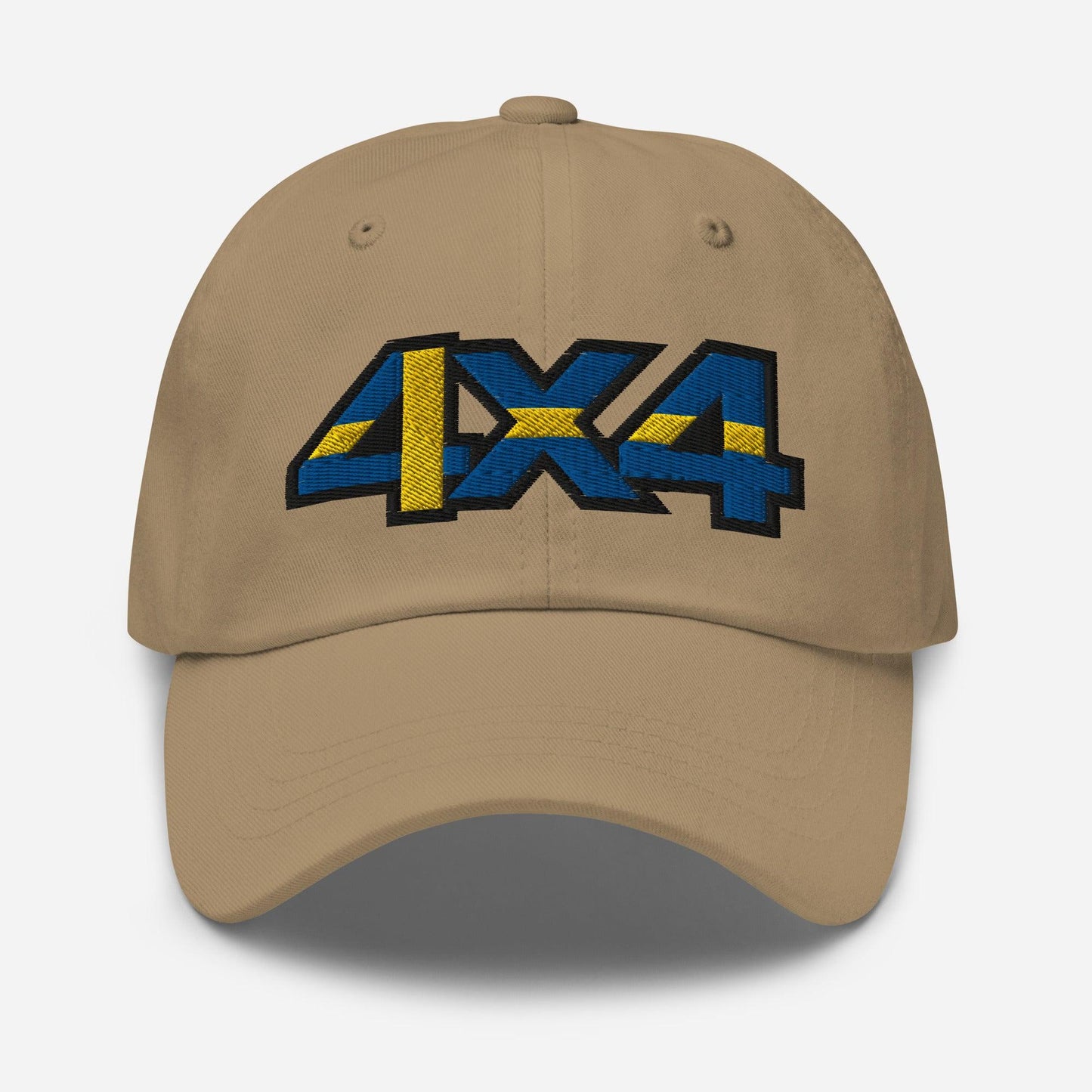 Front view of a khaki baseball cap/dad hat with a 4x4 Sweden embroidery