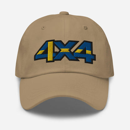 Front view of a khaki baseball cap/dad hat with a 4x4 Sweden embroidery