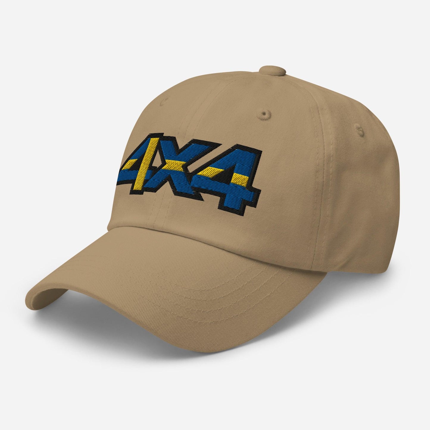 Side view of a khaki ball cap/hat with embroidery on the front