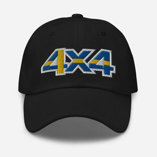 Front view of a black baseball cap/dad hat with a 4x4 Sweden embroidery