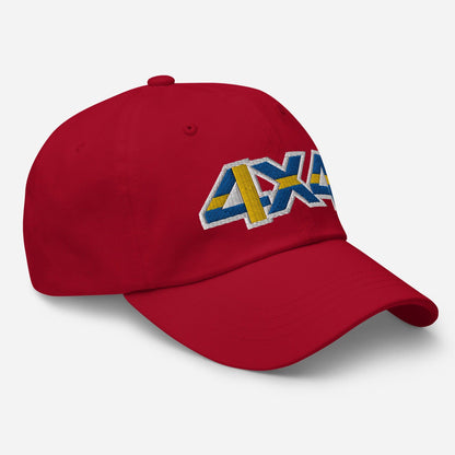 Side view of a cranberry red ball cap/hat with embroidery