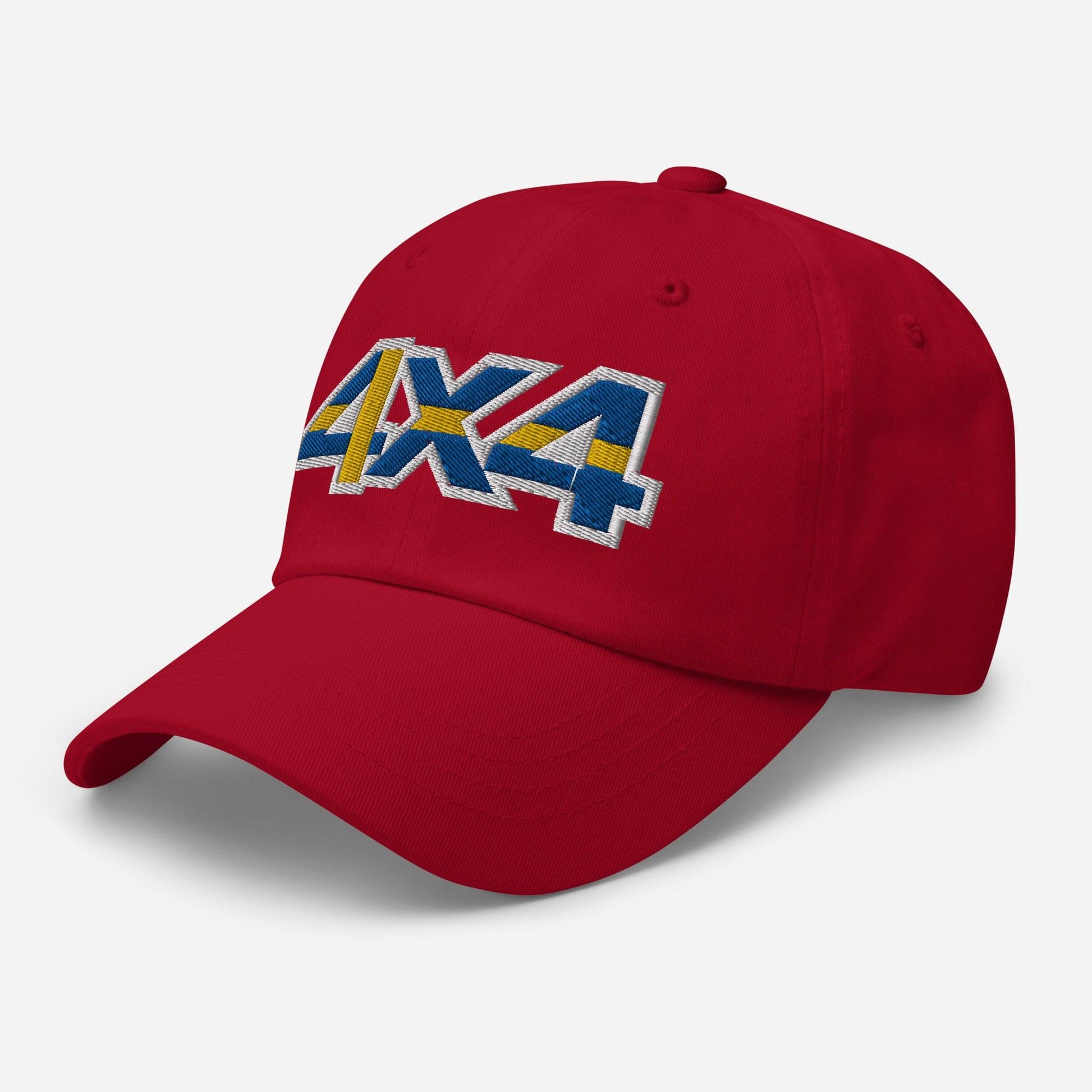 Side view of a cranberry red ball cap/hat with embroidery