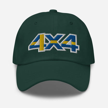 Front view of a spruce green baseball cap/dad hat with a 4x4 Sweden embroidery