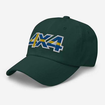 Side view of a spruce green ball cap/hat with embroidery