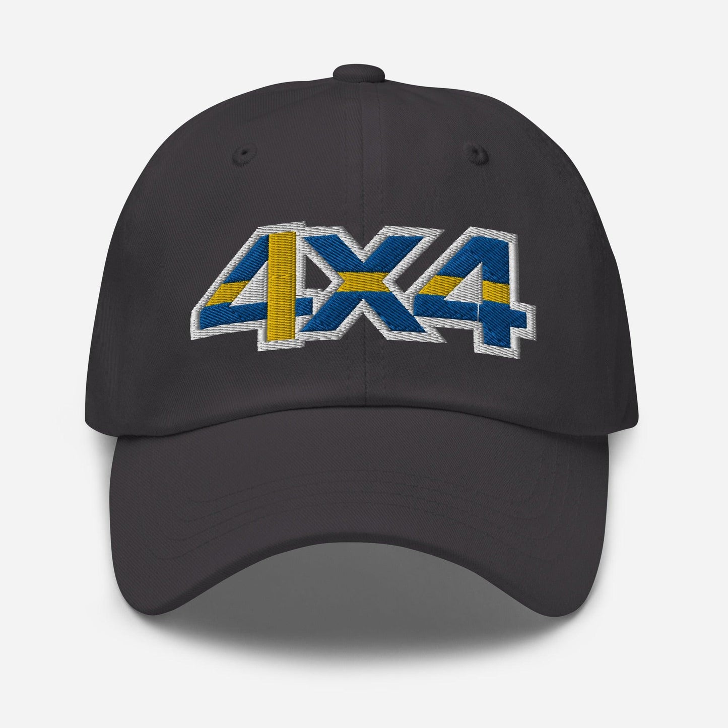 Front view of a dark grey baseball cap/dad hat with a 4x4 Sweden embroidery