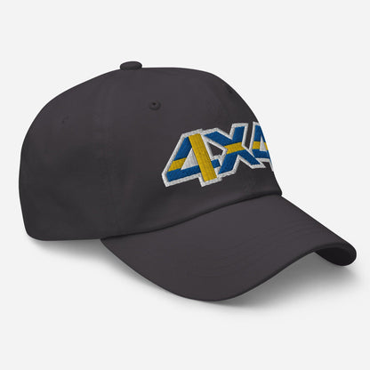 Side view of a dark grey ball cap/hat with embroidery