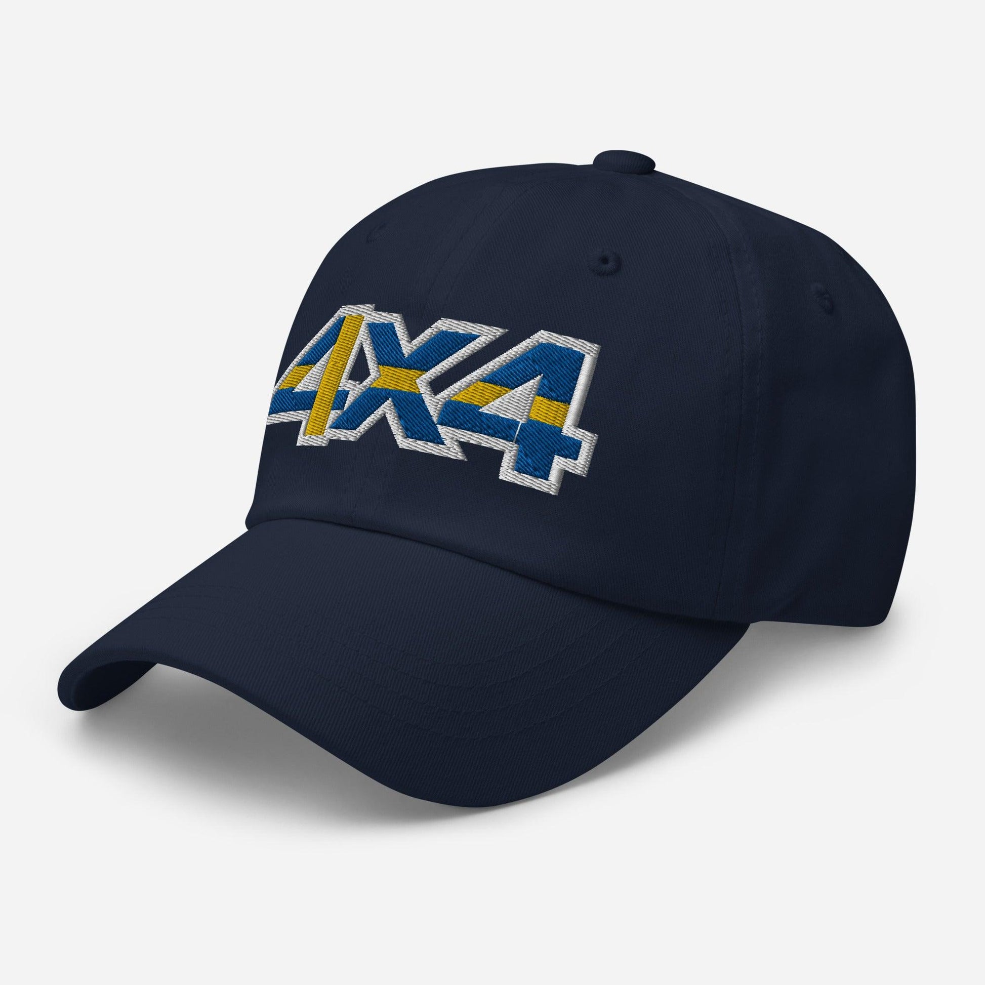 Side view of a navy blue ball cap/hat with embroidery