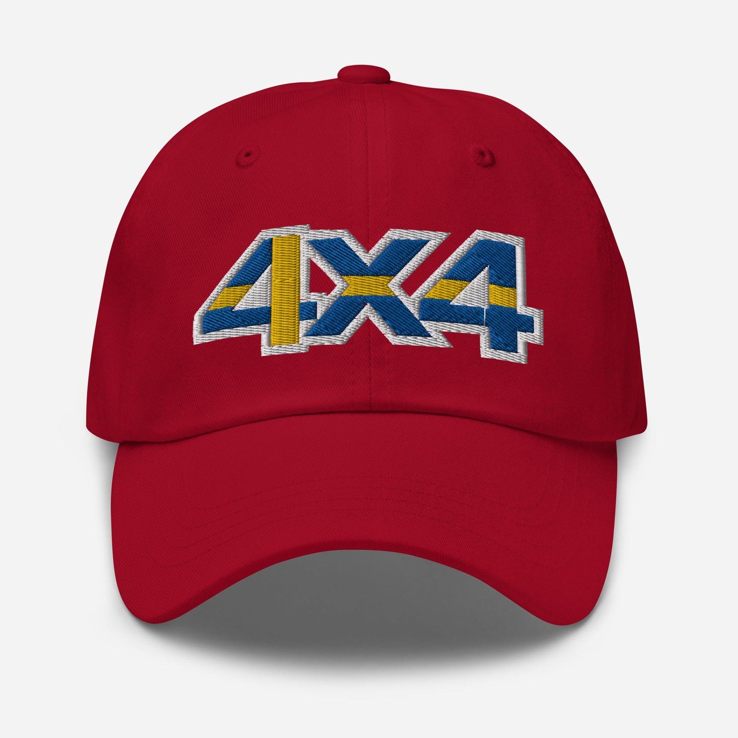 Front view of a red baseball cap/dad hat with a 4x4 Sweden embroidery