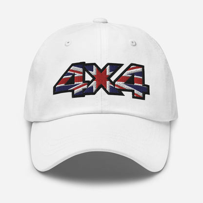 front view of a 4x4 UK Dad Hat - British Offroad Heritage in white