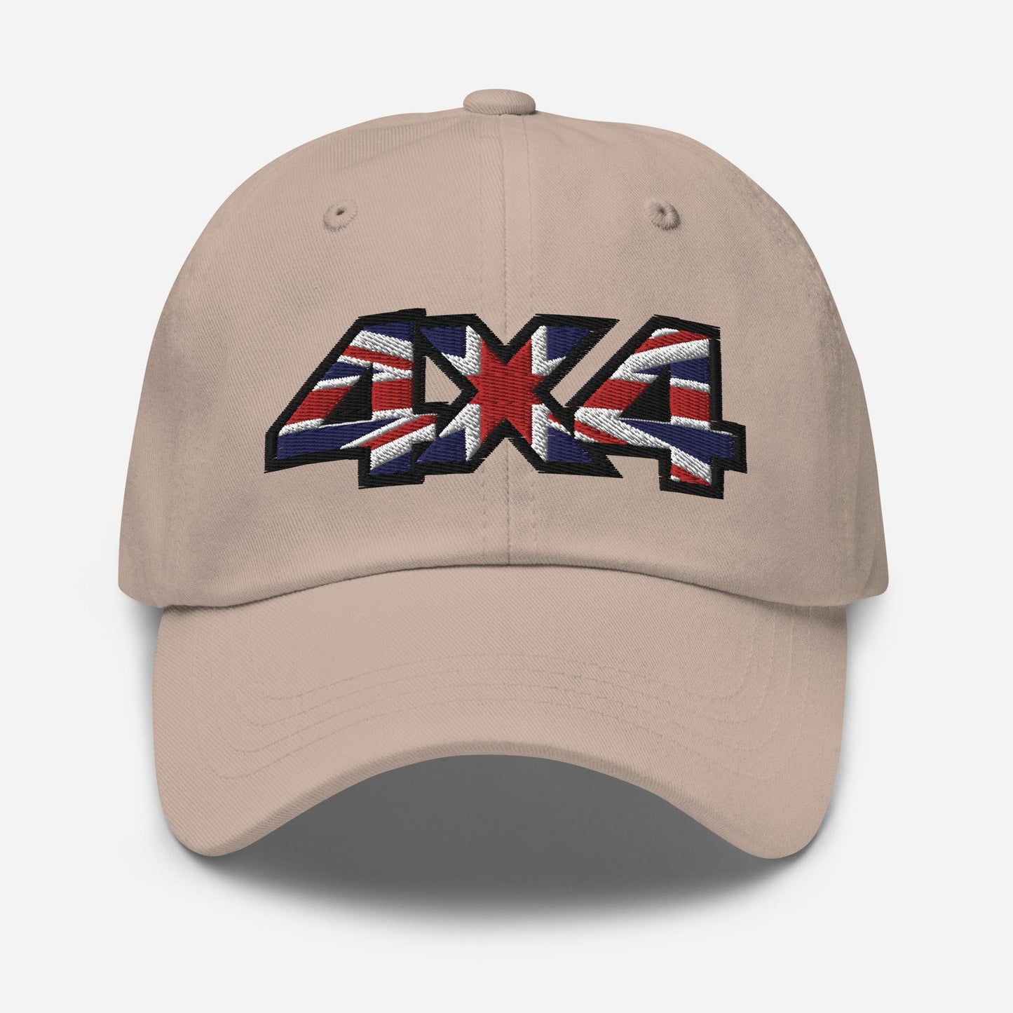 front view of a 4x4 UK Dad Hat - British Offroad Heritage in khaki in stone