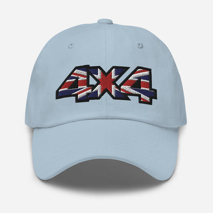 front view of a 4x4 UK Dad Hat - British Offroad Heritage in khaki in light blue