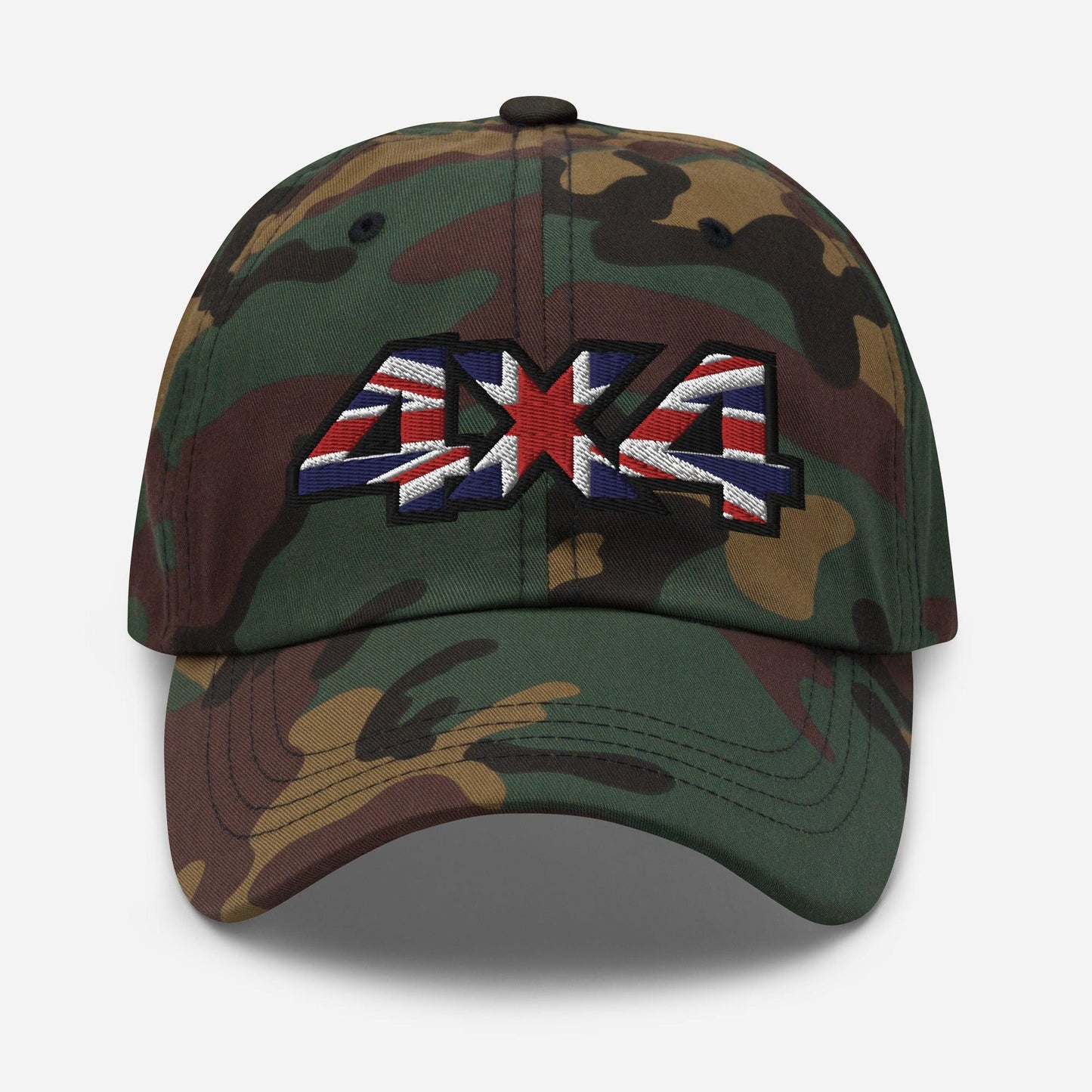 front view of a 4x4 UK Dad Hat - British Offroad Heritage in camo