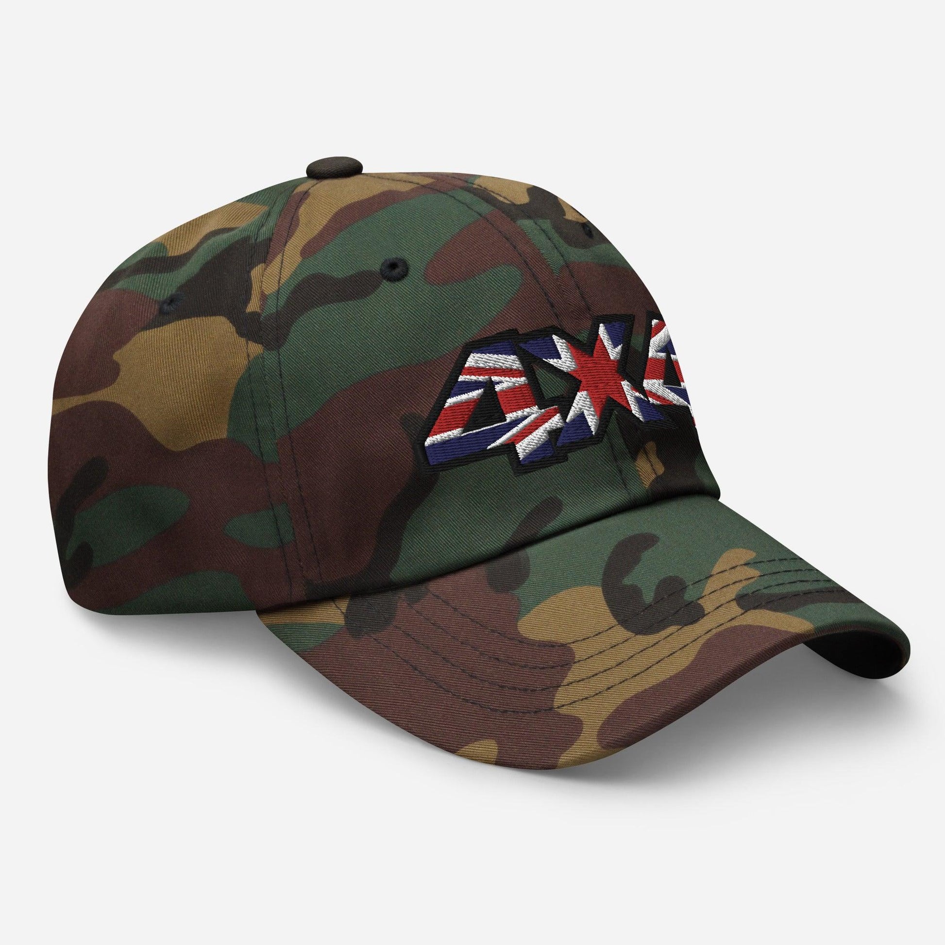 side view of a 4x4 UK Dad Hat - British Offroad Heritage in camo