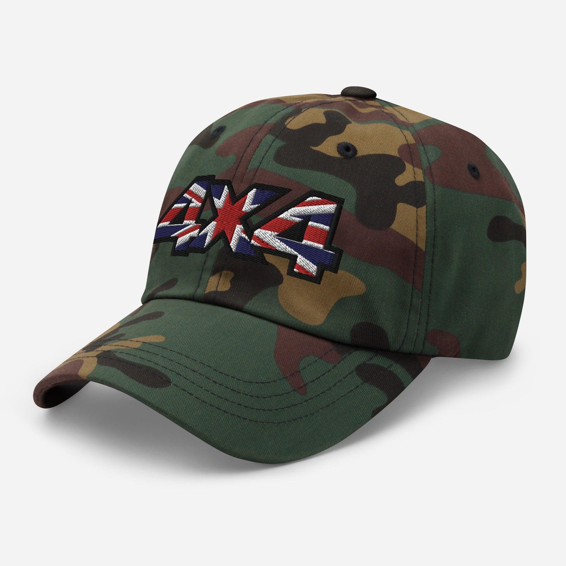 side view of a 4x4 UK Dad Hat - British Offroad Heritage in camo