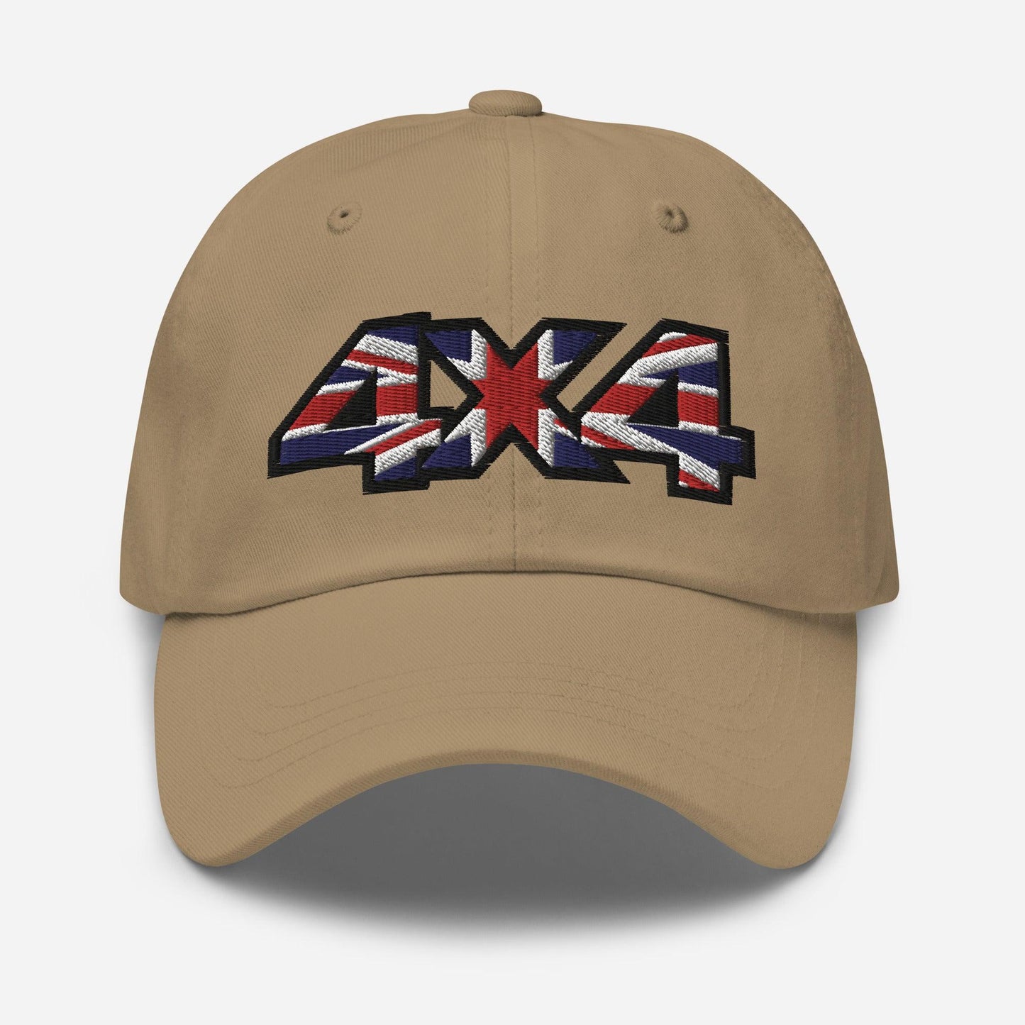 front view of a 4x4 UK Dad Hat - British Offroad Heritage in khaki