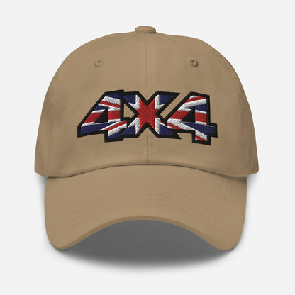 front view of a 4x4 UK Dad Hat - British Offroad Heritage in khaki