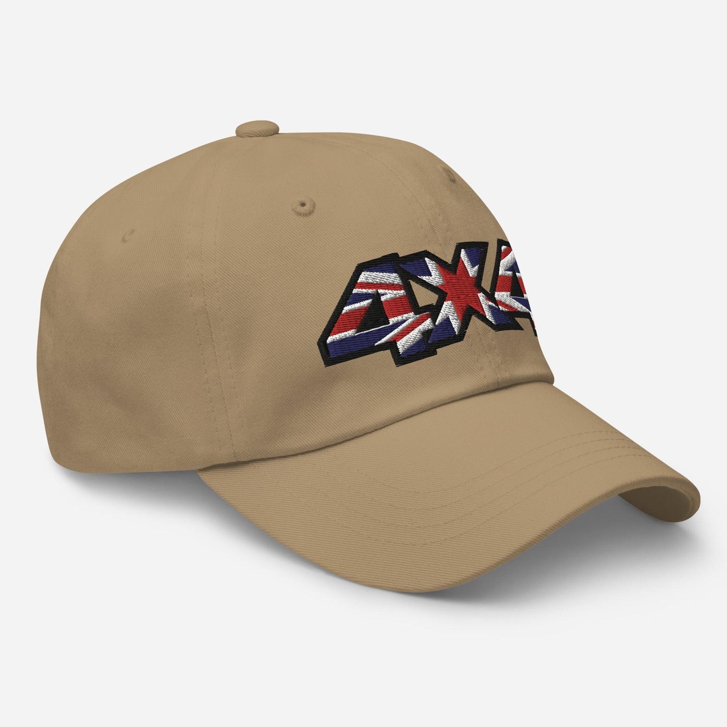 side view of a 4x4 UK Dad Hat - British Offroad Heritage in khaki