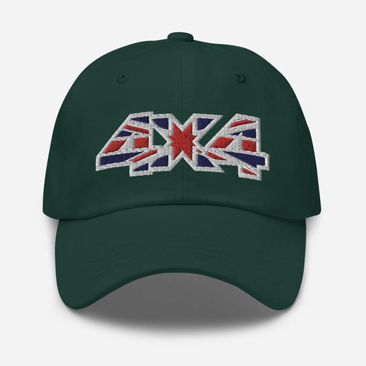 Front view of a spruce green classic baseball cap/dad hat with a 4x4 UK flag decal embroidery