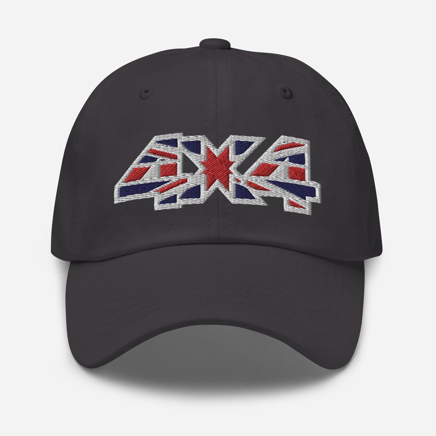 Front view of a dark grey classic baseball cap/dad hat with a 4x4 UK flag decal embroidery