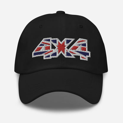 Front view of a black classic baseball cap/dad hat with a 4x4 UK flag decal embroidery