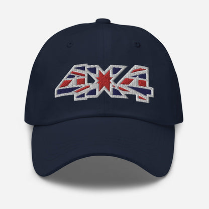 Front view of a navy blue classic baseball cap/dad hat with a 4x4 UK flag decal embroidery