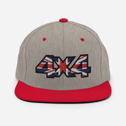 Front view of a heather grey and red Snapback Hat with 4x4 UK decal Embroidery