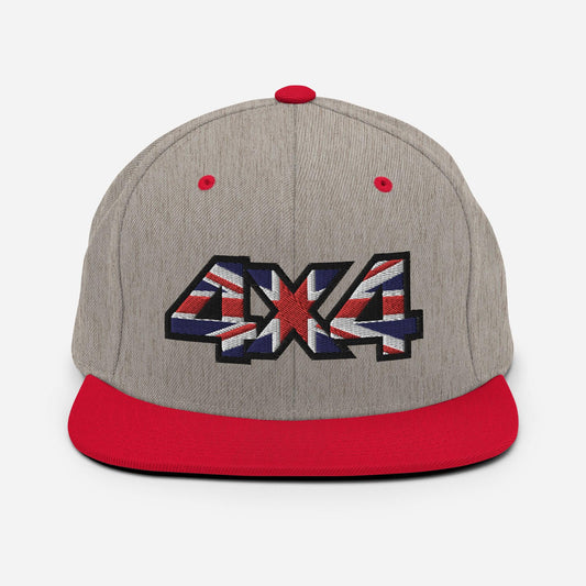 Front view of a heather grey and red Snapback Hat with 4x4 UK decal Embroidery