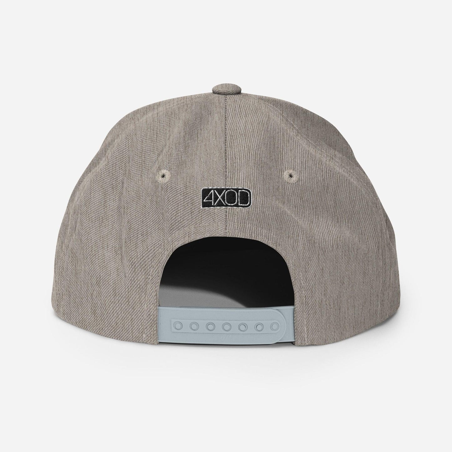 Rear view of a heather grey snapback hat