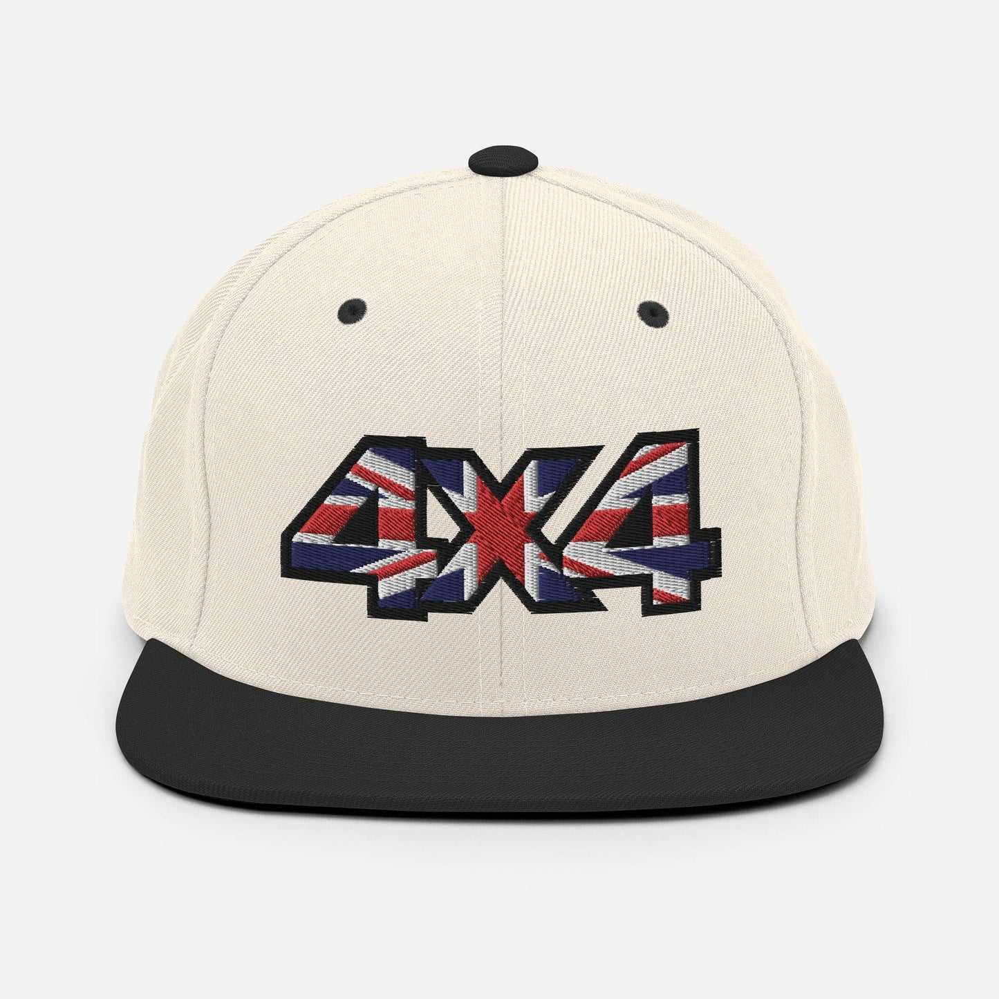 Front view of a white and black Snapback Hat with 4x4 UK decal Embroidery