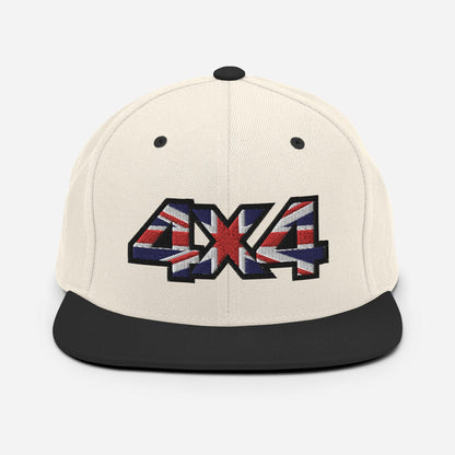 Front view of a white and black Snapback Hat with 4x4 UK decal Embroidery