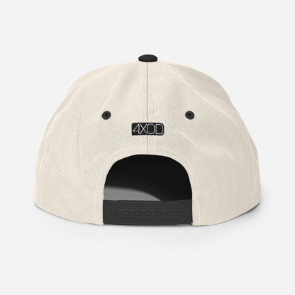 Rear view of a white snapback hat