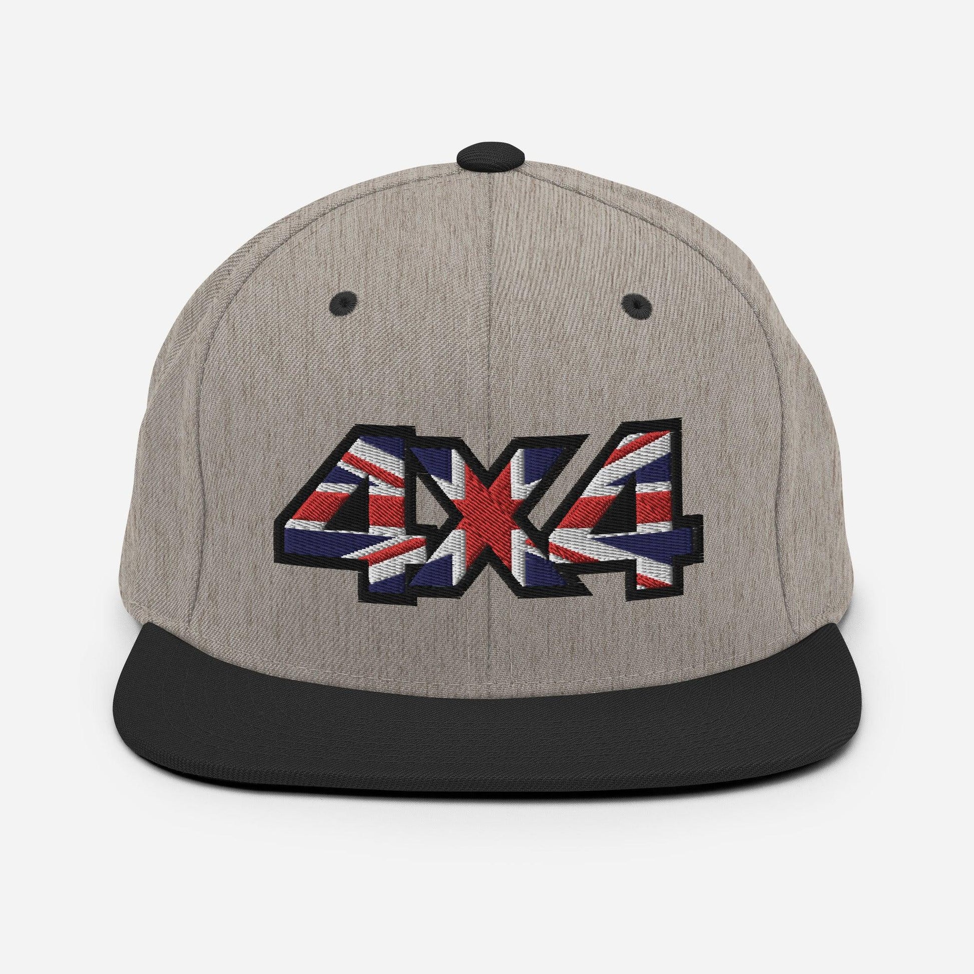 Front view of a heather grey and black Snapback Hat with 4x4 UK decal Embroidery