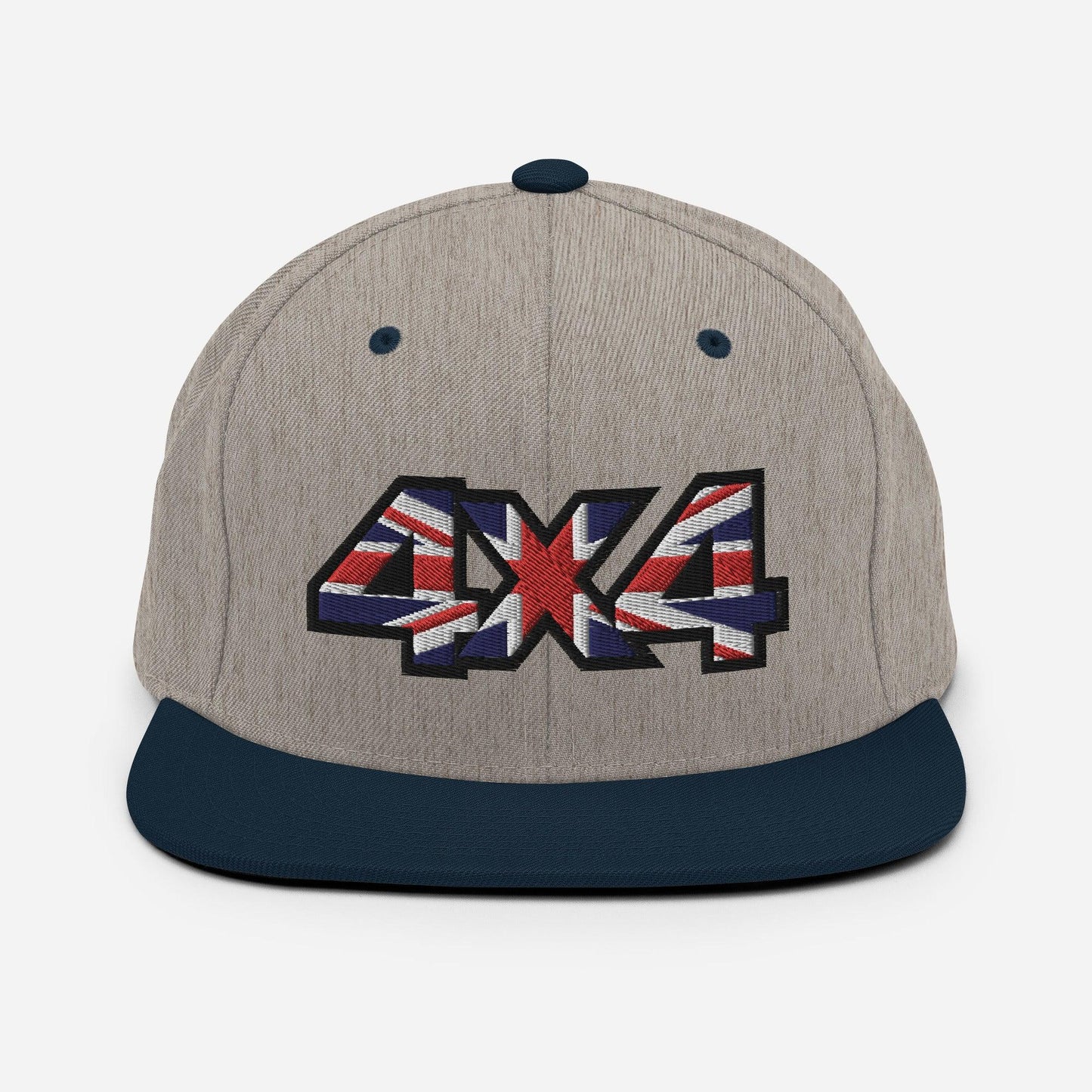 Front view of a heather grey and navy blue Snapback Hat with 4x4 UK decal Embroidery