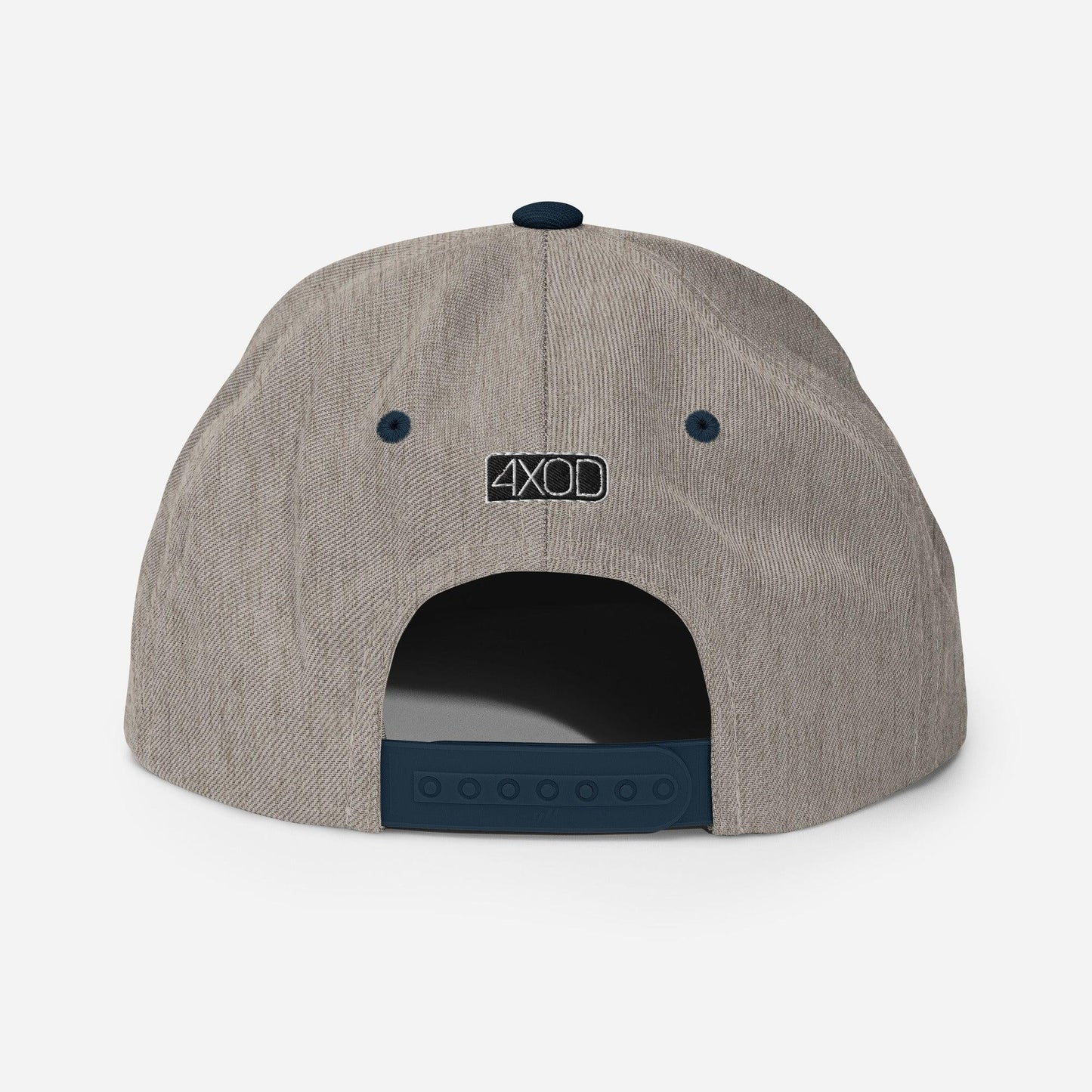 Rear view of a heather grey snapback hat