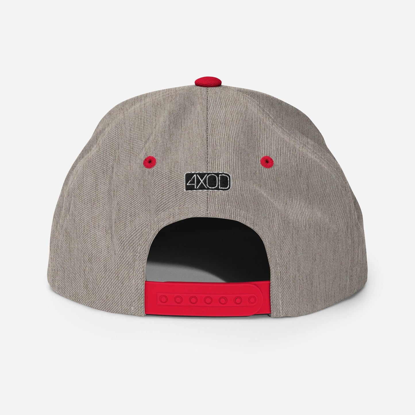 Rear view of a heather grey snapback hat