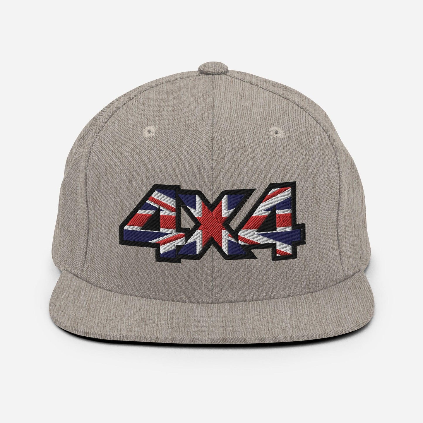 Front view of a heather grey Snapback Hat with 4x4 UK decal Embroidery